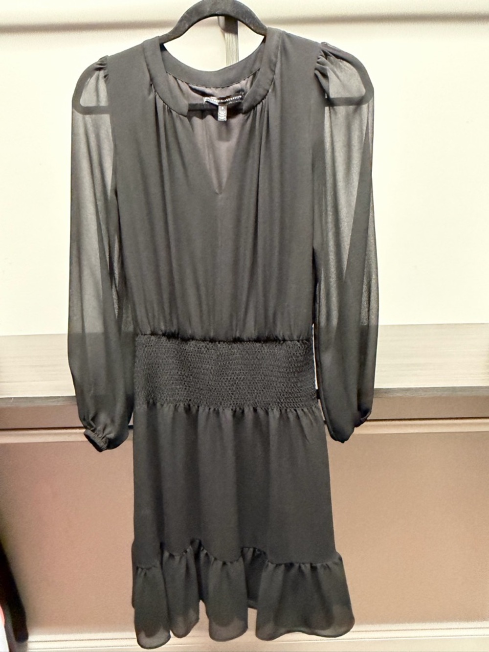 White House Black Market Black Sheer Long-Sleeve Smocked Waist Dress